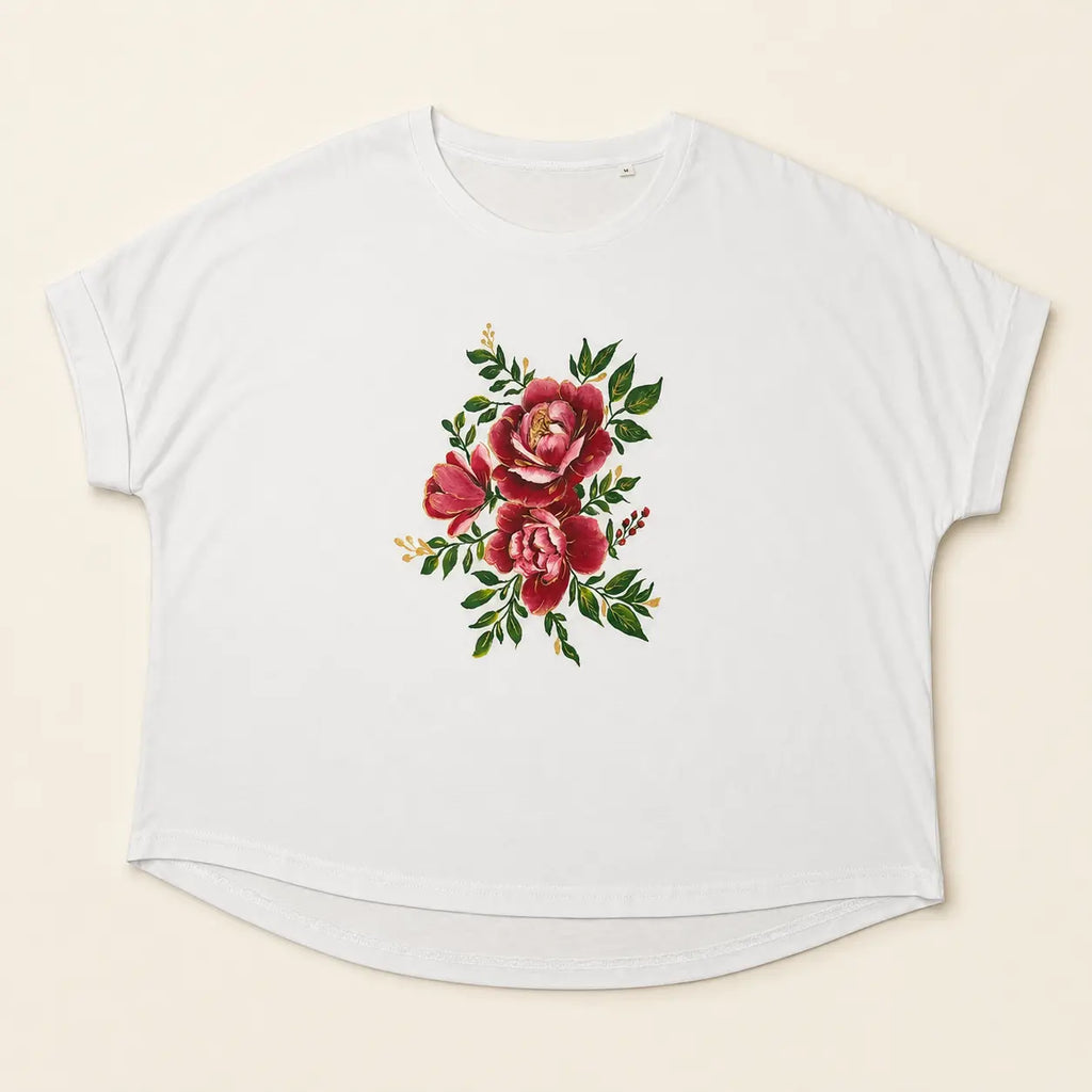 Burgundy Peony –  Handbemaltes T-Shirt